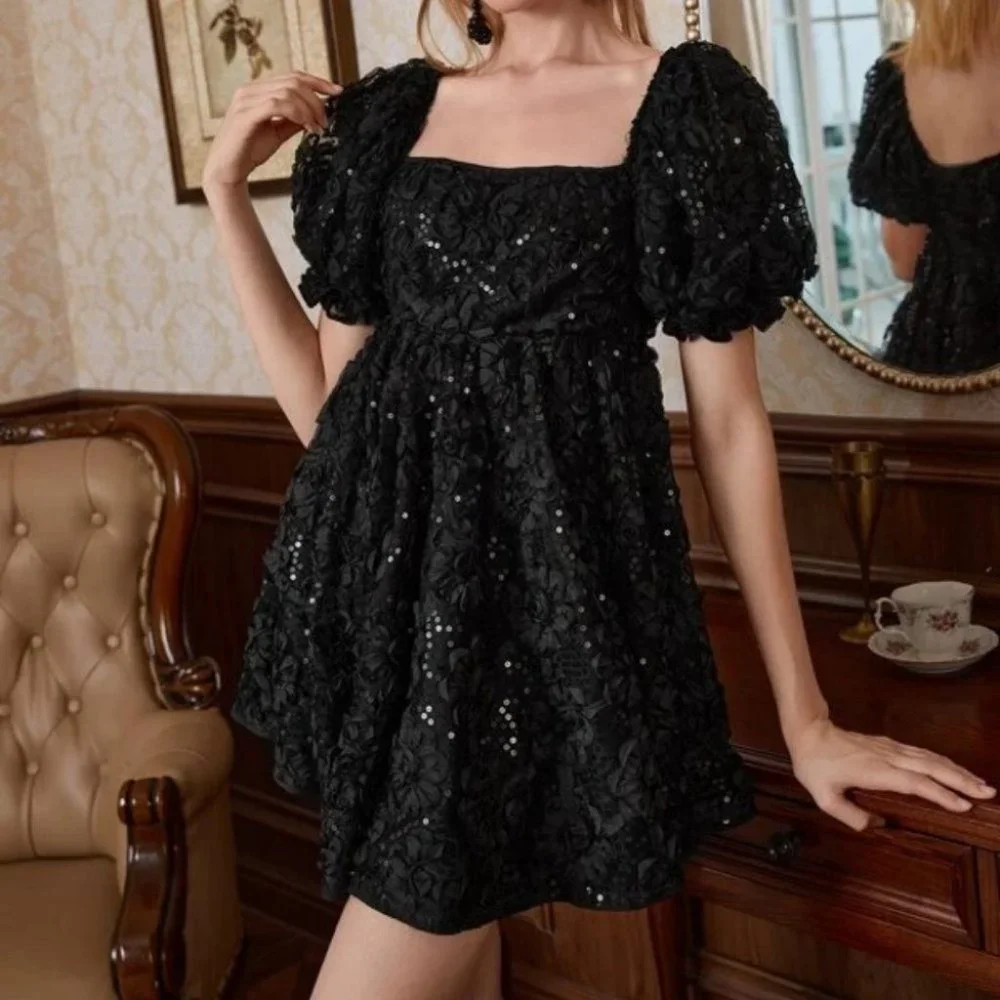 Short Puff Sleeve Square NeckLine A-line Mini Dress Black - Picture 4 of 7